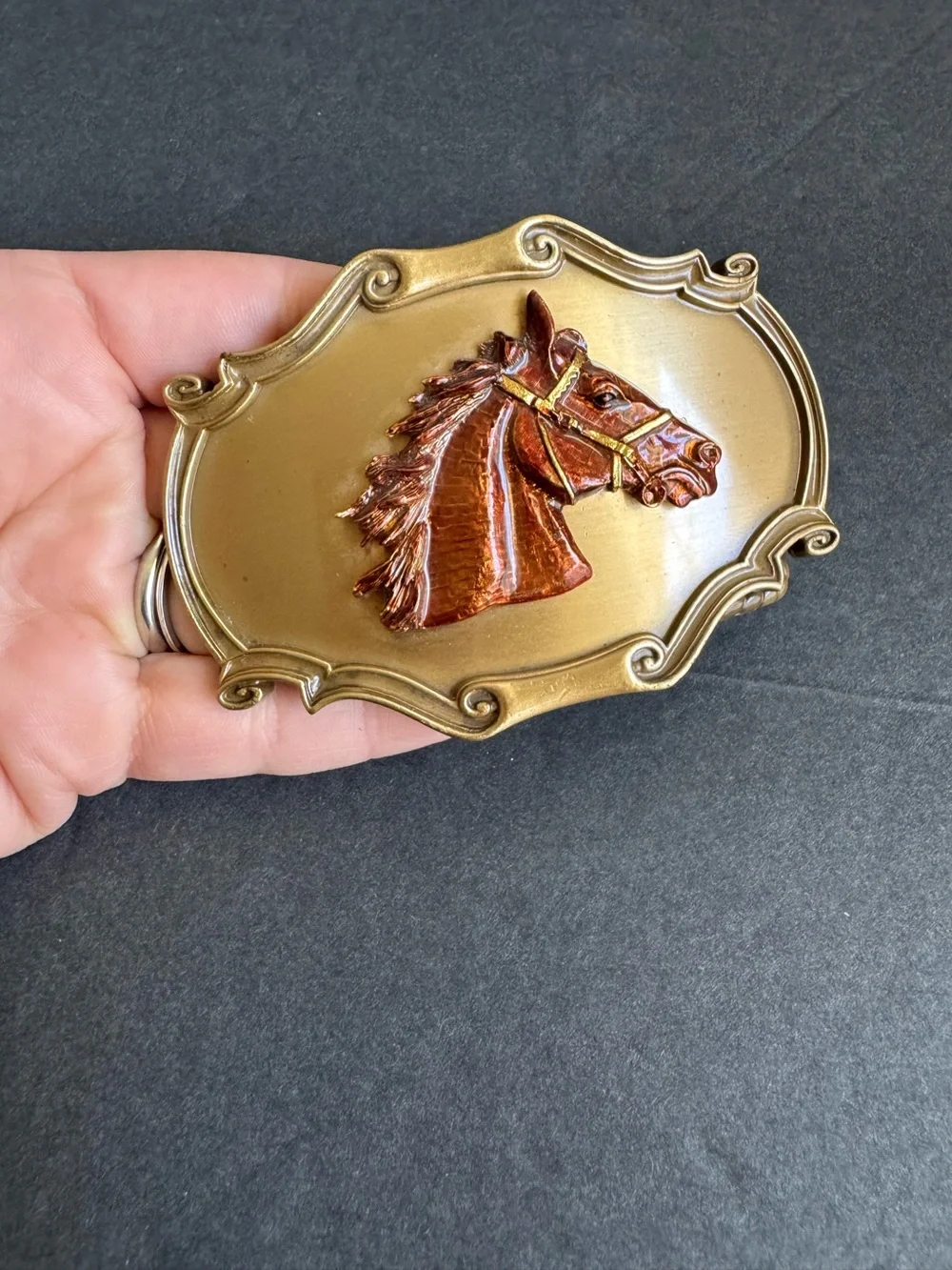 Vintage Western Belt Buckle Horse Head Mustang Pony Raintree 1980s Enamel USA
